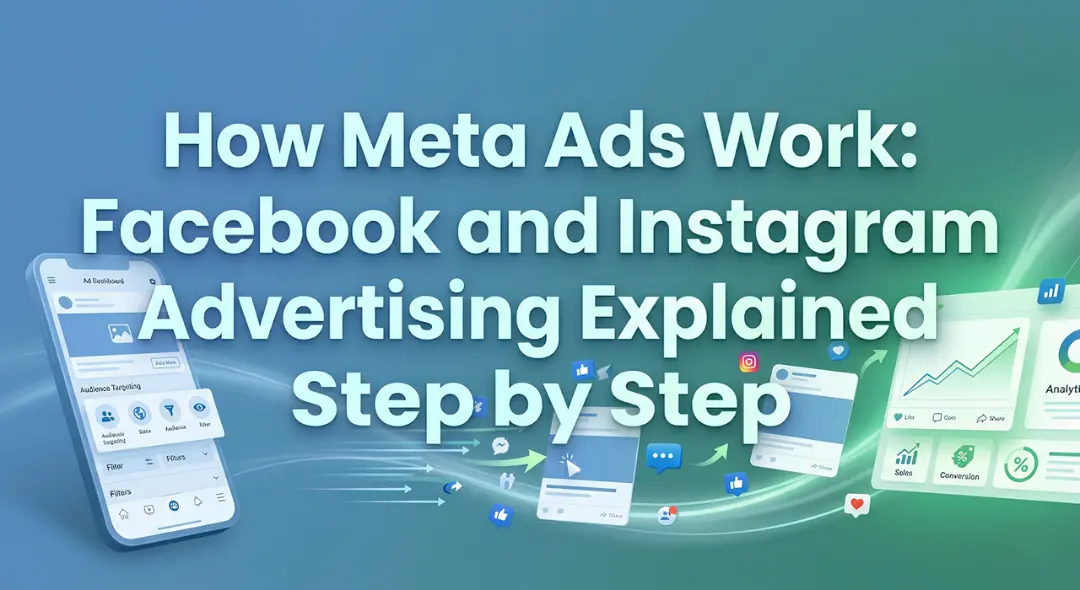 How Meta Ads work banner showing Facebook and Instagram advertising process with audience targeting, ad delivery, and conversion analytics