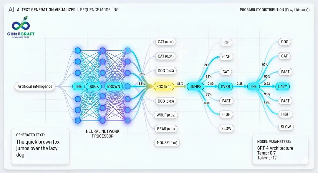AI text generation visualization showing words connecting based on probability, flowing text nodes, digital neural connections, clean modern interface, bright white background, minimal tech illustration