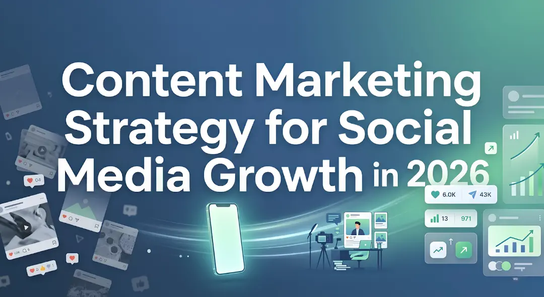 Content marketing strategy for social media growth in 2026 banner showing digital transformation from low engagement to high growth with analytics and social media elements