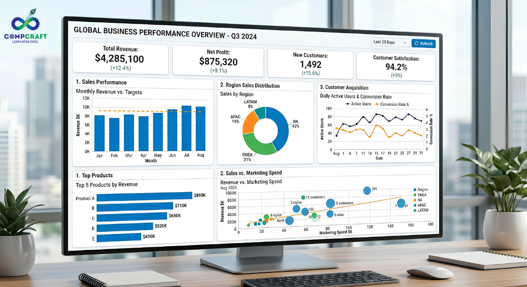 Professional data visualization dashboard showing bar charts line graphs pie charts and scatter plots in clean modern analytics interface