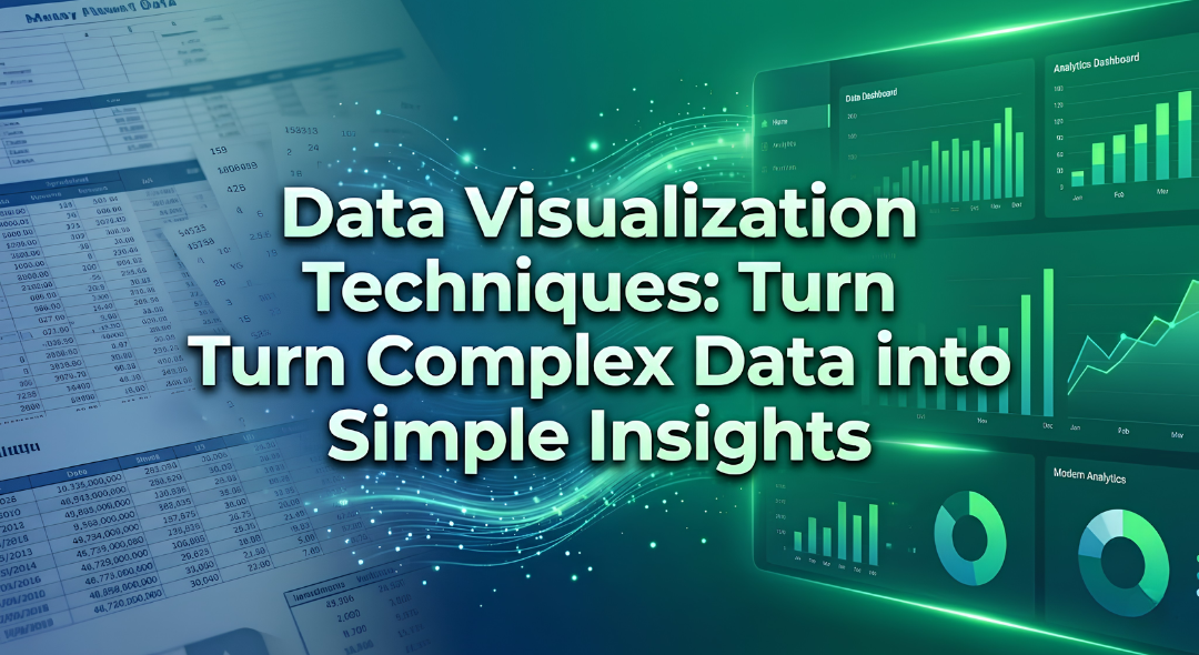 Green dominant data visualization banner showing messy data transforming into clean dashboards with charts and business insights in blue and green theme