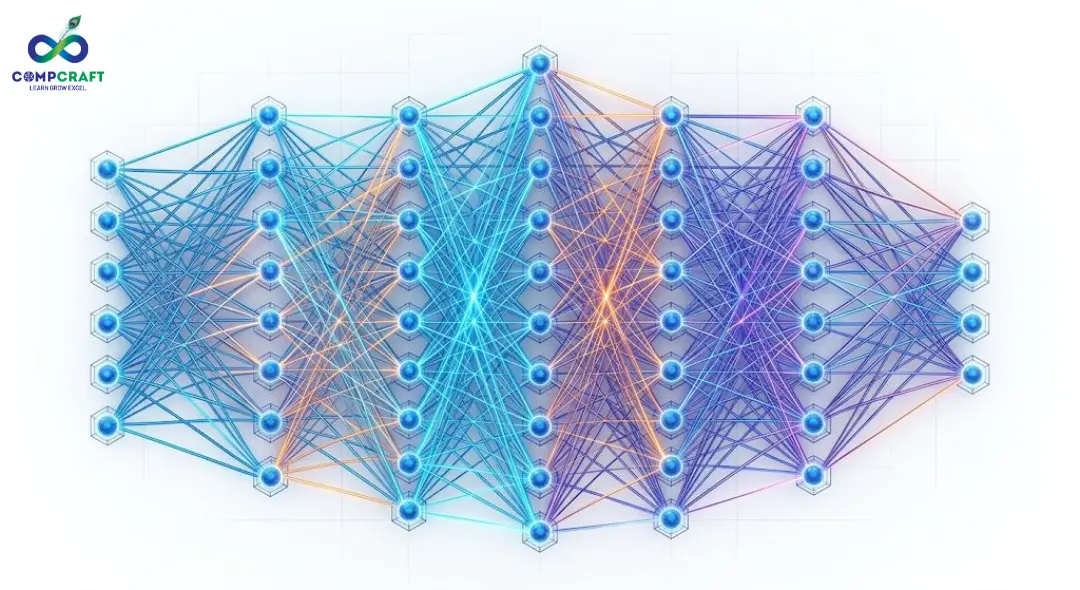 Deep learning neural network structure showing multiple layers of artificial neurons processing data with interconnected nodes and advanced machine learning architecture