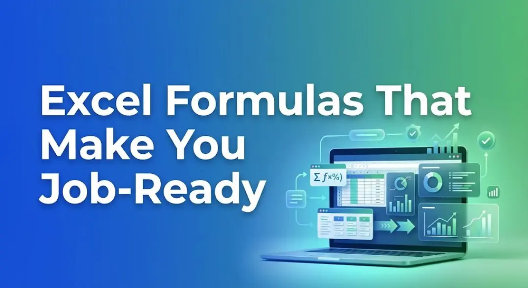 Excel formulas concept banner with blue and green gradient theme showing data analysis, dashboards, and job-ready skills for professionals