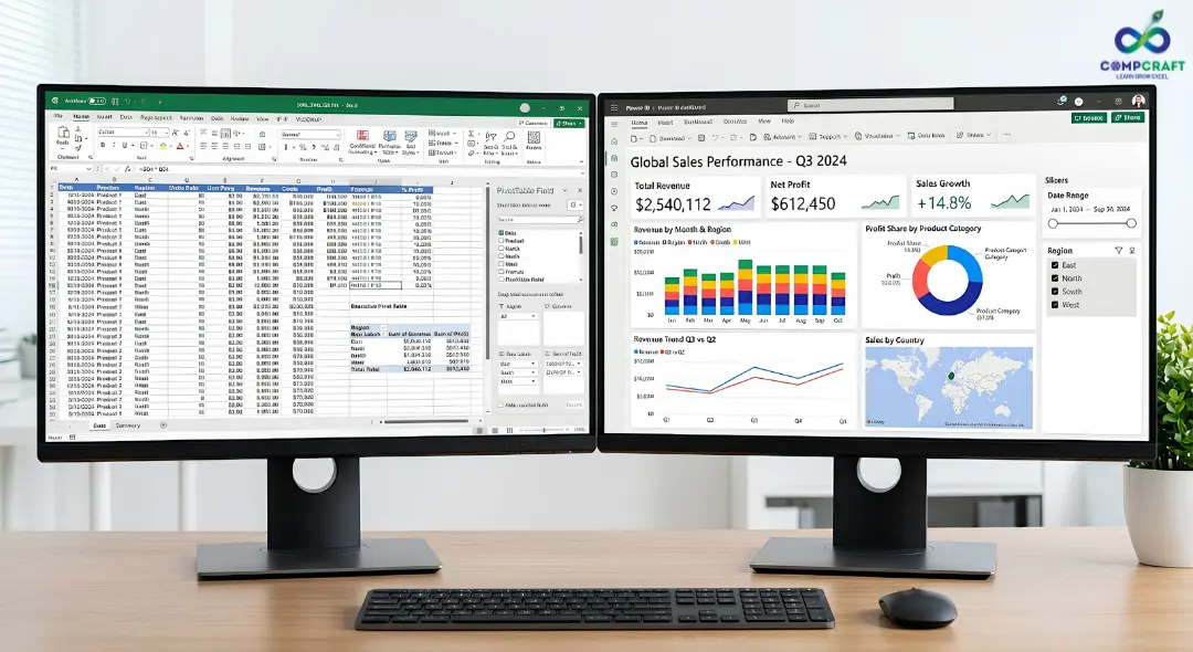Comparison of Microsoft Excel spreadsheet and Power BI dashboard showing differences in data analysis and visualization tools