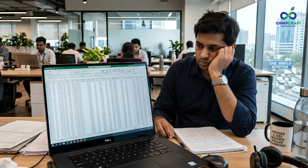Overwhelmed business analyst looking at messy spreadsheet with thousands of rows of raw sales data on laptop screen in corporate office environment