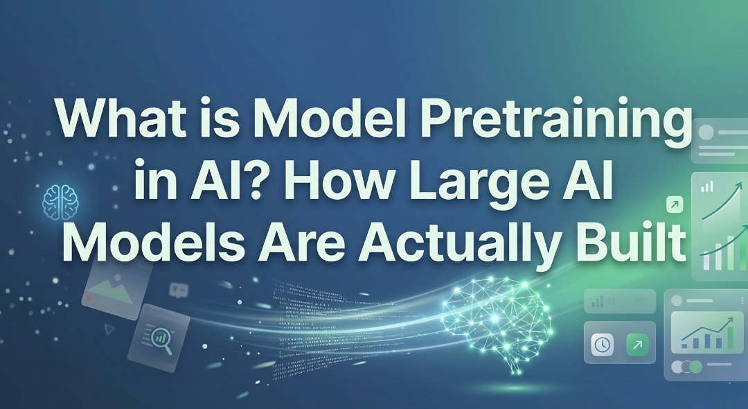 What is model pretraining in AI banner showing how large AI models are built with neural networks, data flow, and machine learning transformation