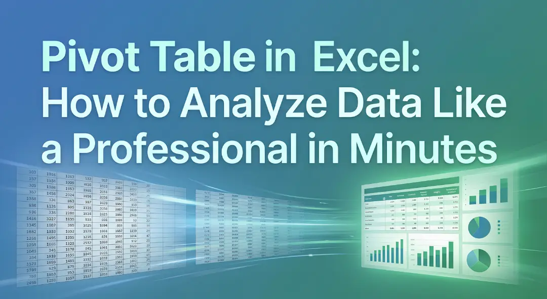 Pivot Table in Excel banner showing transformation from messy data to organized dashboard with charts and analytics