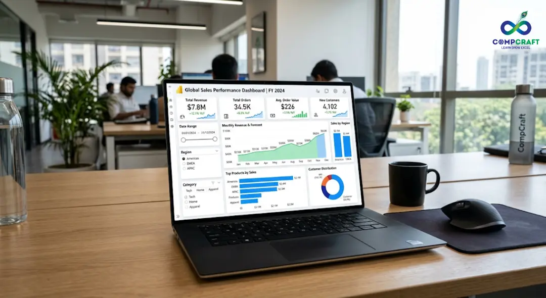 Power BI dashboard showing business data with bar charts, line graphs and KPI metrics in a clean and professional layout