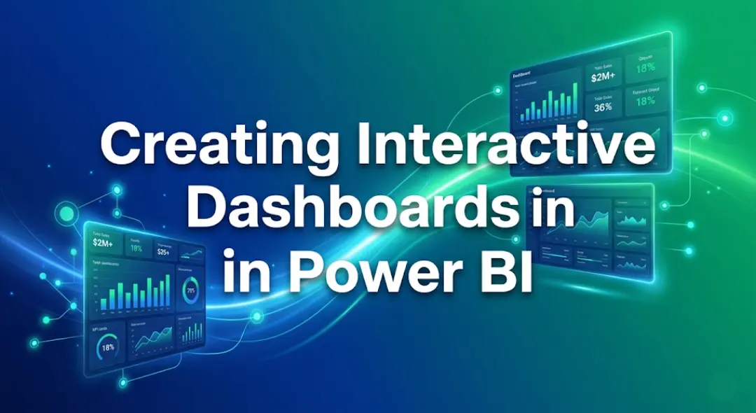 Power BI dashboard banner with blue and green gradient showing data transforming into interactive charts and business insights visualization