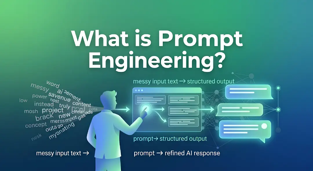 Prompt engineering concept banner with blue and green gradient theme showing human interacting with AI and transforming input text into structured output