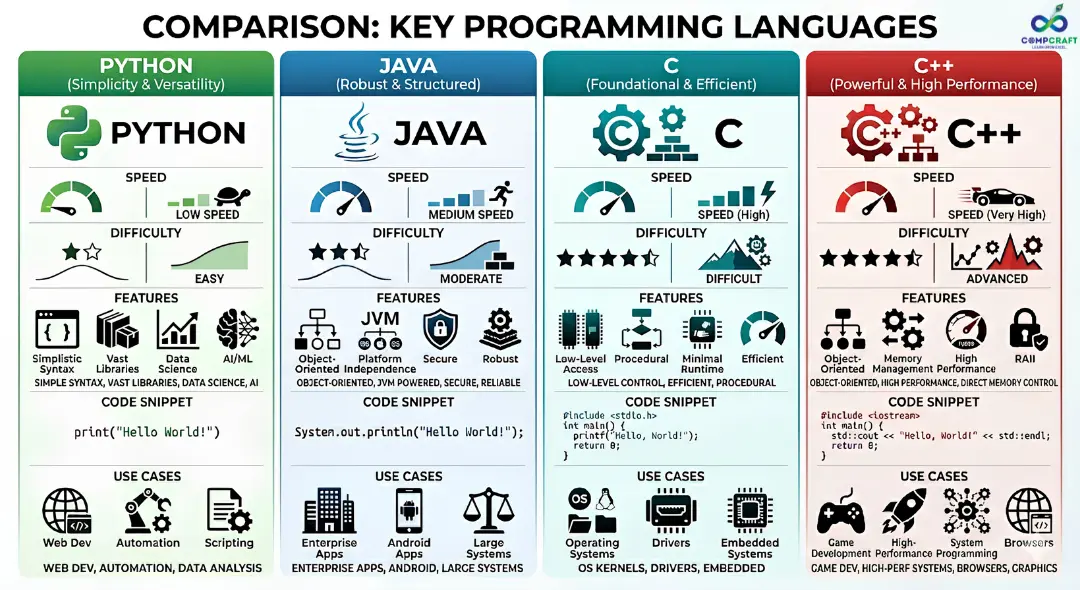 Comparison of Python Java C and C++ programming languages showing differences in syntax usage and applications