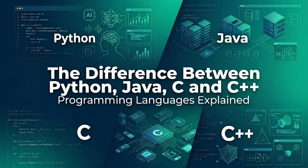 Modern tech banner showing comparison of Python, Java, C and C++ programming languages with bold headline and blue-green gradient theme, representing software development and coding concepts