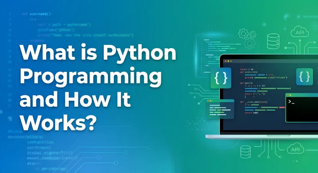 Modern blue and green banner showing Python coding environment with headline about Python programming and software development