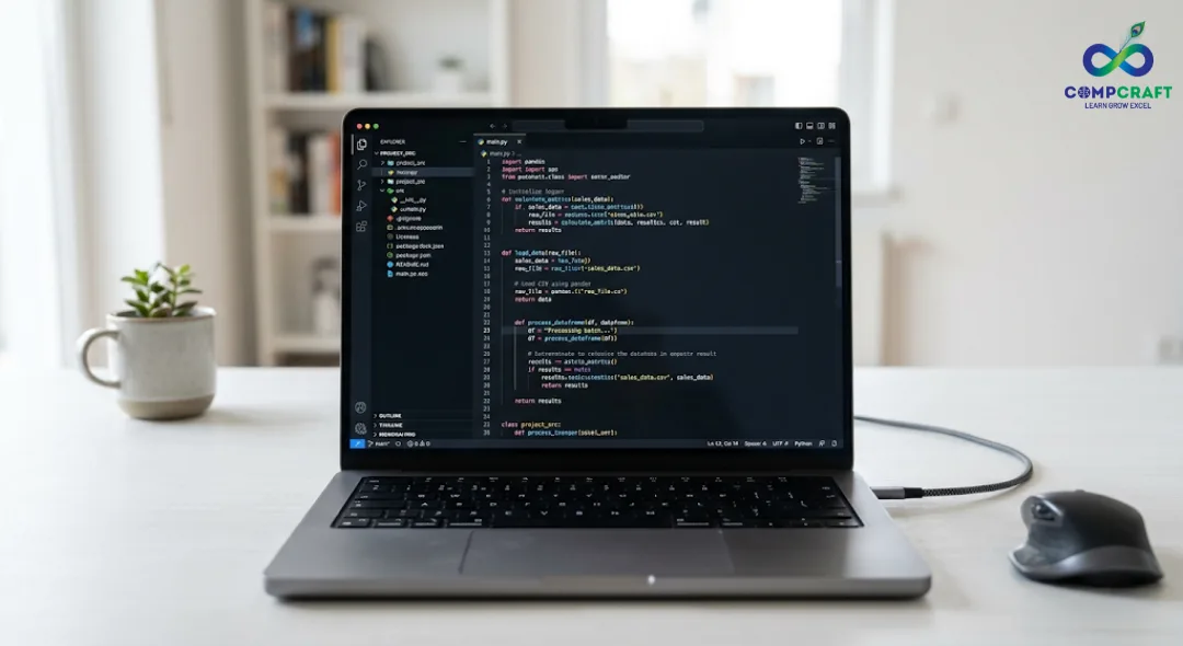 Python programming code displayed on a modern code editor showing clean syntax and development environment for beginners