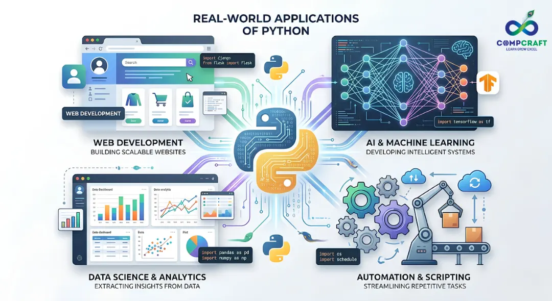 Visual representation of Python applications in web development artificial intelligence data science and automation