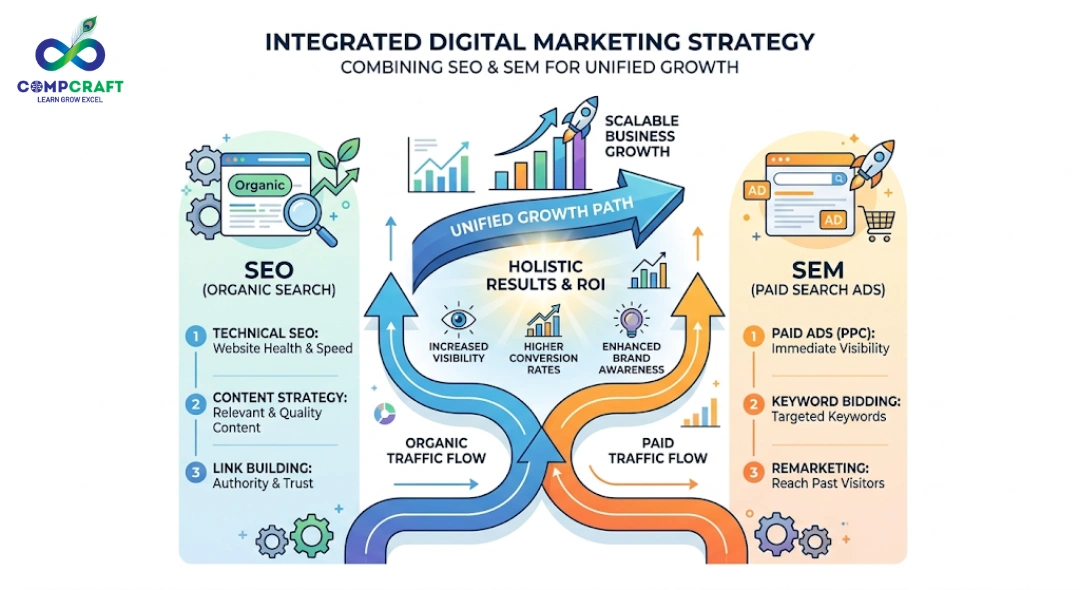 seo and sem combined strategy digital marketing growth concept