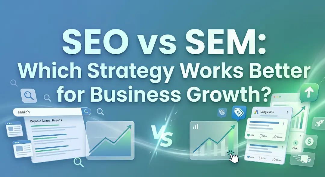 SEO vs SEM banner showing comparison between organic search growth and paid advertising with analytics graphs and digital marketing visuals