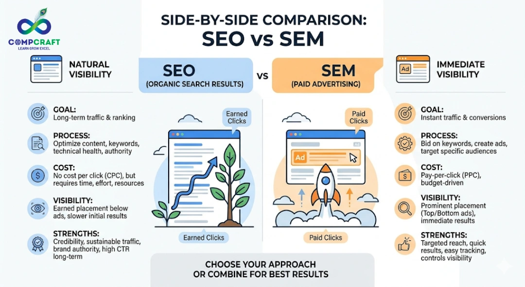 seo vs sem comparison organic search results vs paid ads google