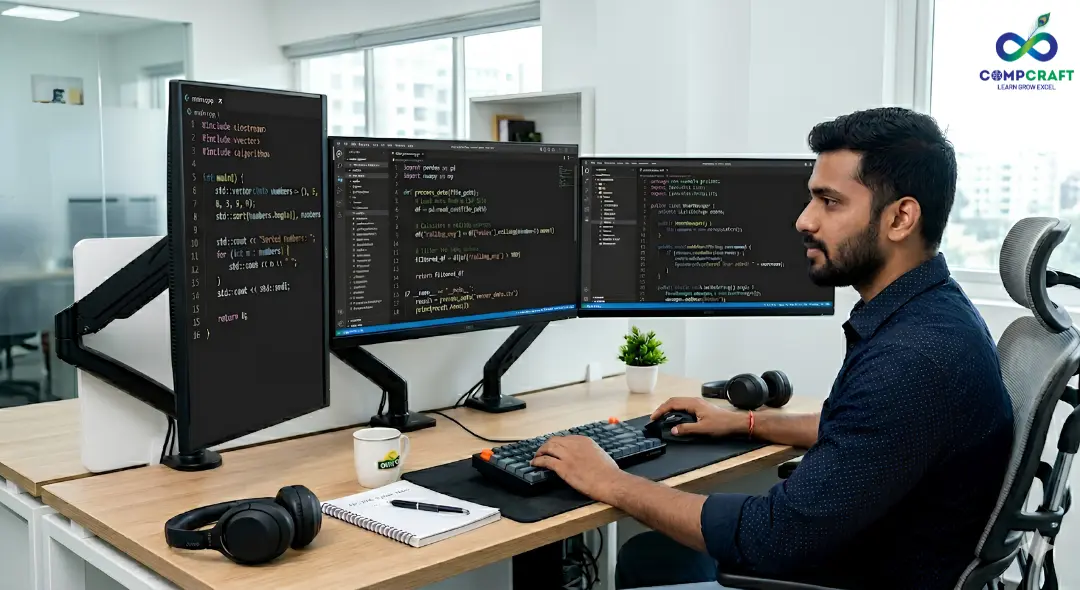 Software developer working with Python Java and C++ programming languages in a modern professional workspace