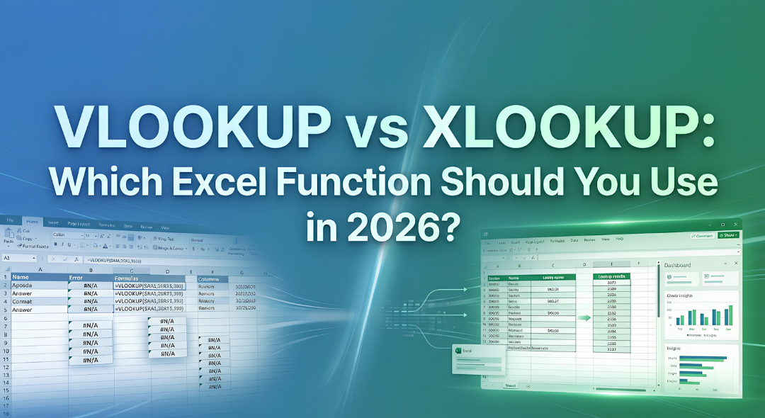 VLOOKUP vs XLOOKUP banner showing comparison between old Excel lookup errors and modern data analysis with clean results