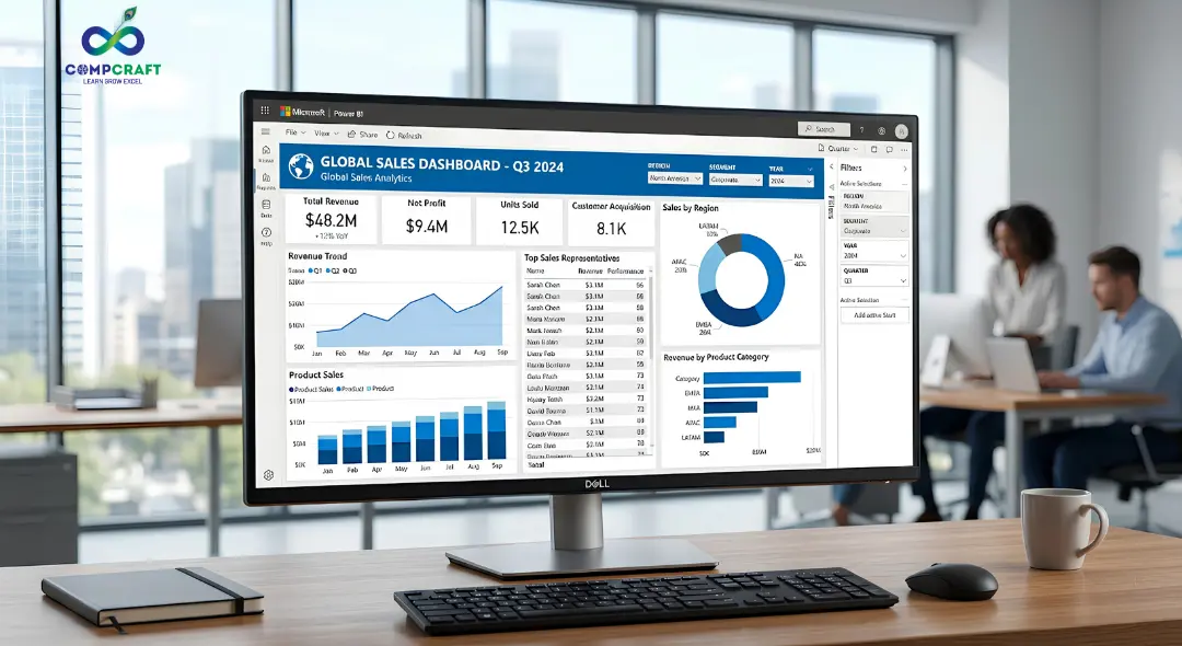 Microsoft Power BI dashboard with interactive charts filters and slicers displayed on desktop screen in modern business analytics setup