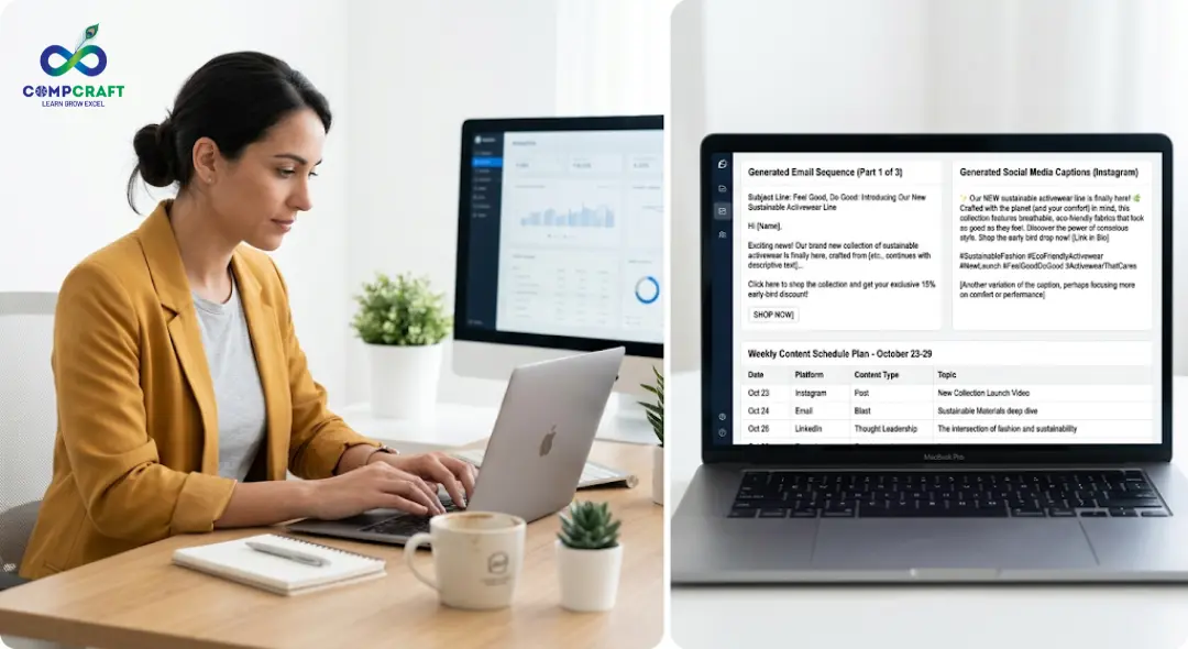 Real world use cases of prompt engineering including marketing content creation, scheduling automation and AI generated outputs on a professional workspace setup