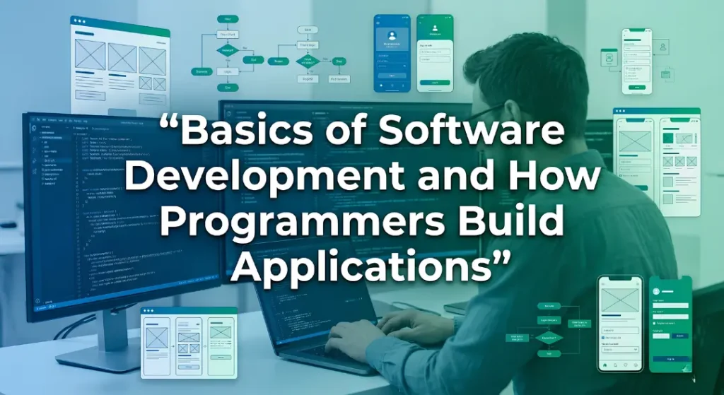 Modern software development banner showing programmer workspace with code screens and app design elements in blue and green theme, highlighting basics of how programmers build applications