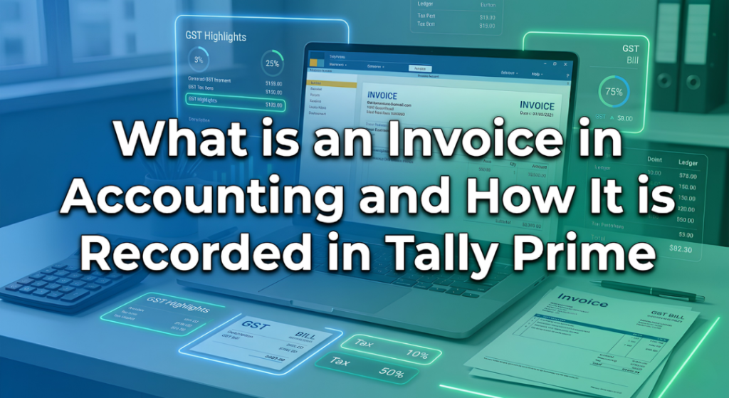 Modern accounting banner showing invoice document and TallyPrime interface with GST elements, financial data visuals, and blue-green gradient theme representing invoice recording in accounting