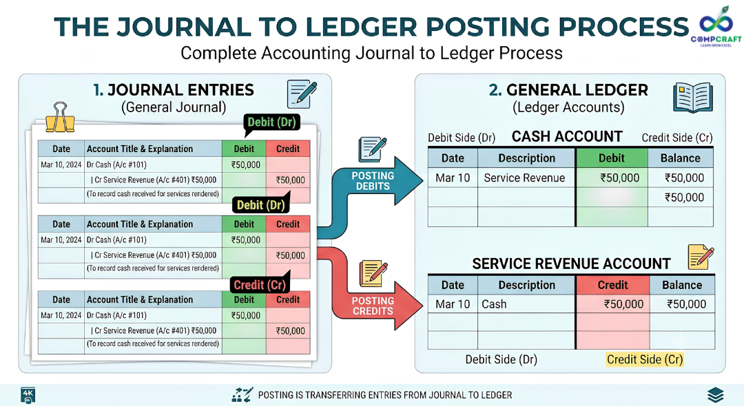 journal to ledger accounting process with debit and credit flow