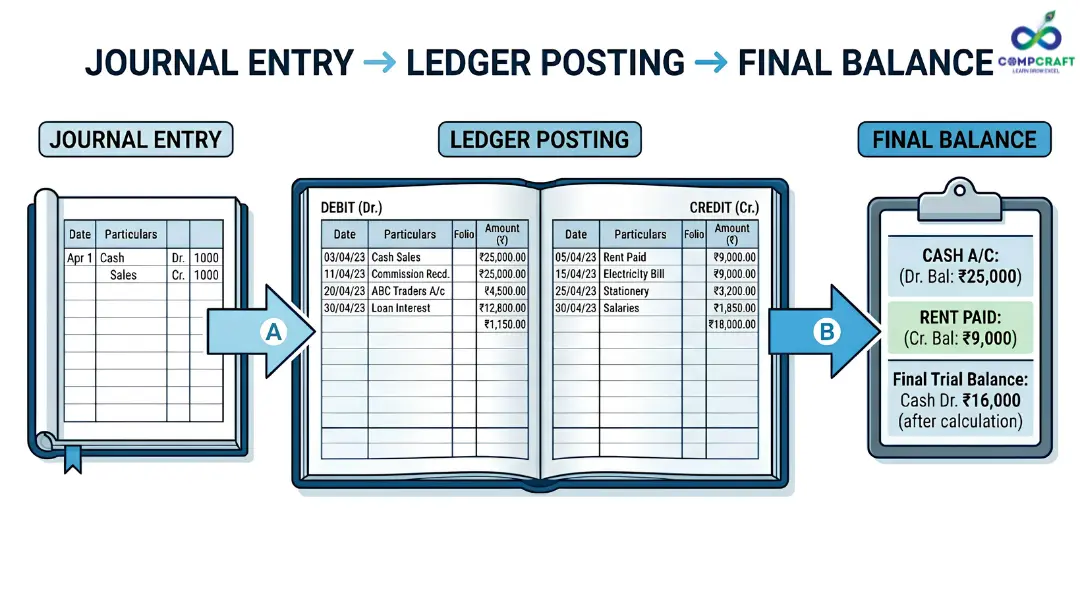journal entry to ledger posting process accounting workflow diagram simple explanation