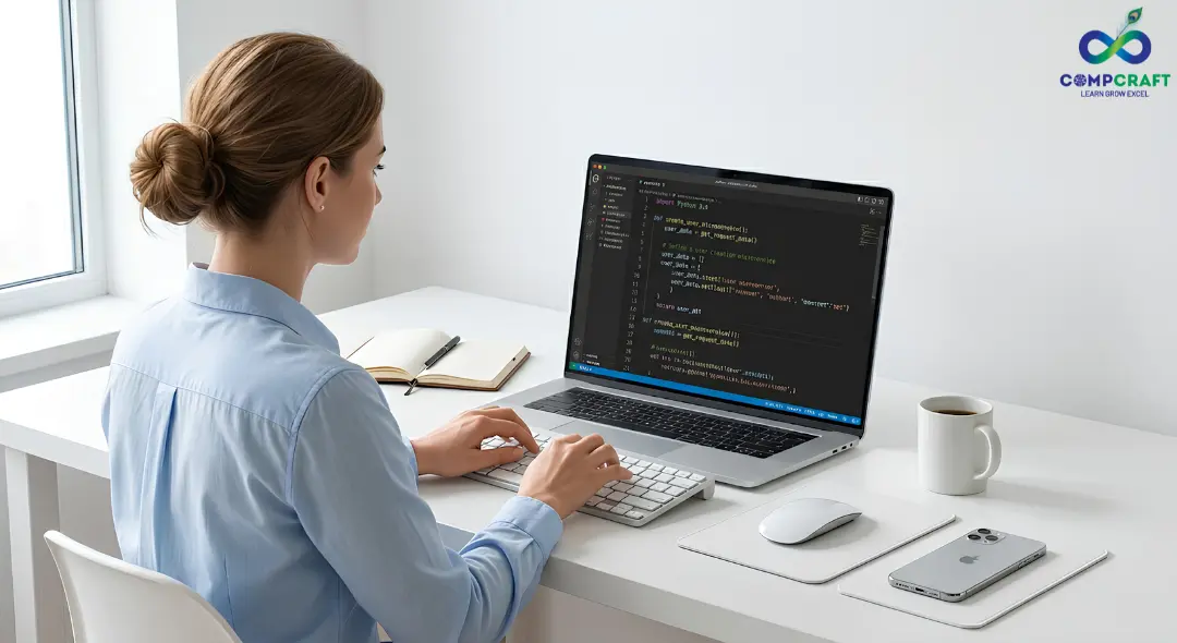 Developer writing Python code on laptop in a clean minimal workspace with bright lighting and clear screen