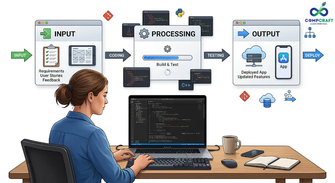 Diagram showing software programming flow from user input to processed output with clean UI and coding elements on a bright background