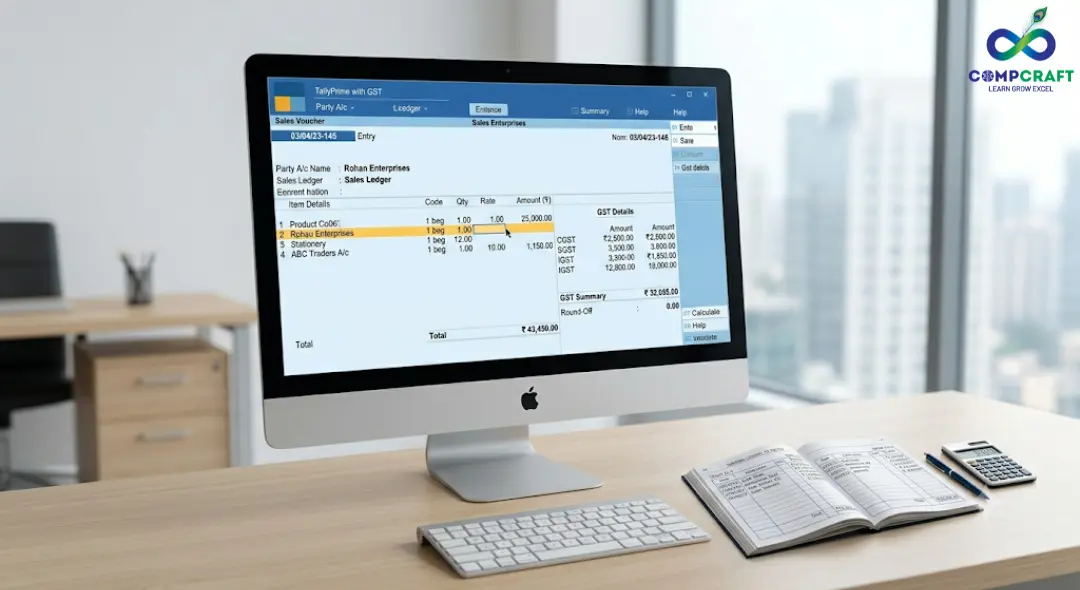 tallyprime with gst sales voucher entry accounting software interface example india