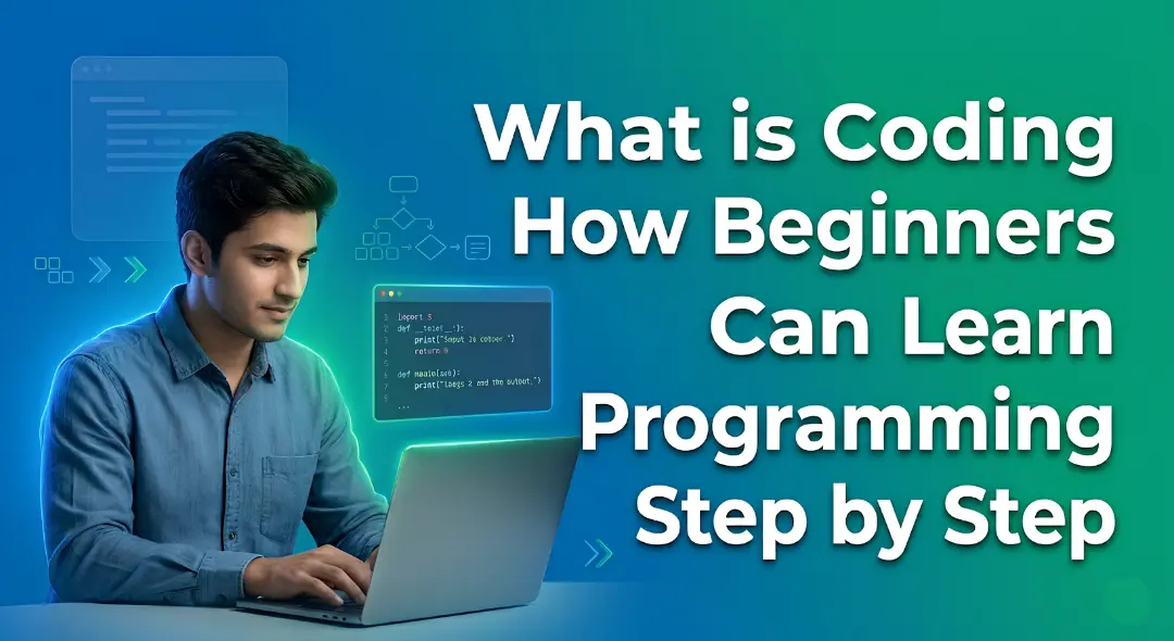 Modern banner showing a beginner learning coding with a laptop displaying Python-style code, surrounded by step-by-step learning visuals and a clean blue-green tech background with the title “What is Coding and How Beginners Can Learn Programming Step by Step